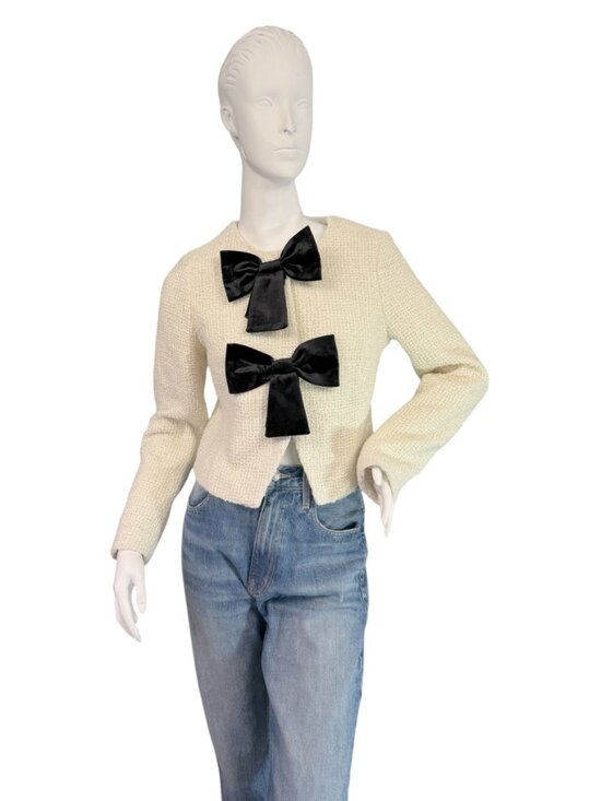 Avec Les Filles Jackets & Blazers - Avec Les Filles Bow Tweed Lady Cropped Jacket in Off White w/ Black Bows XS